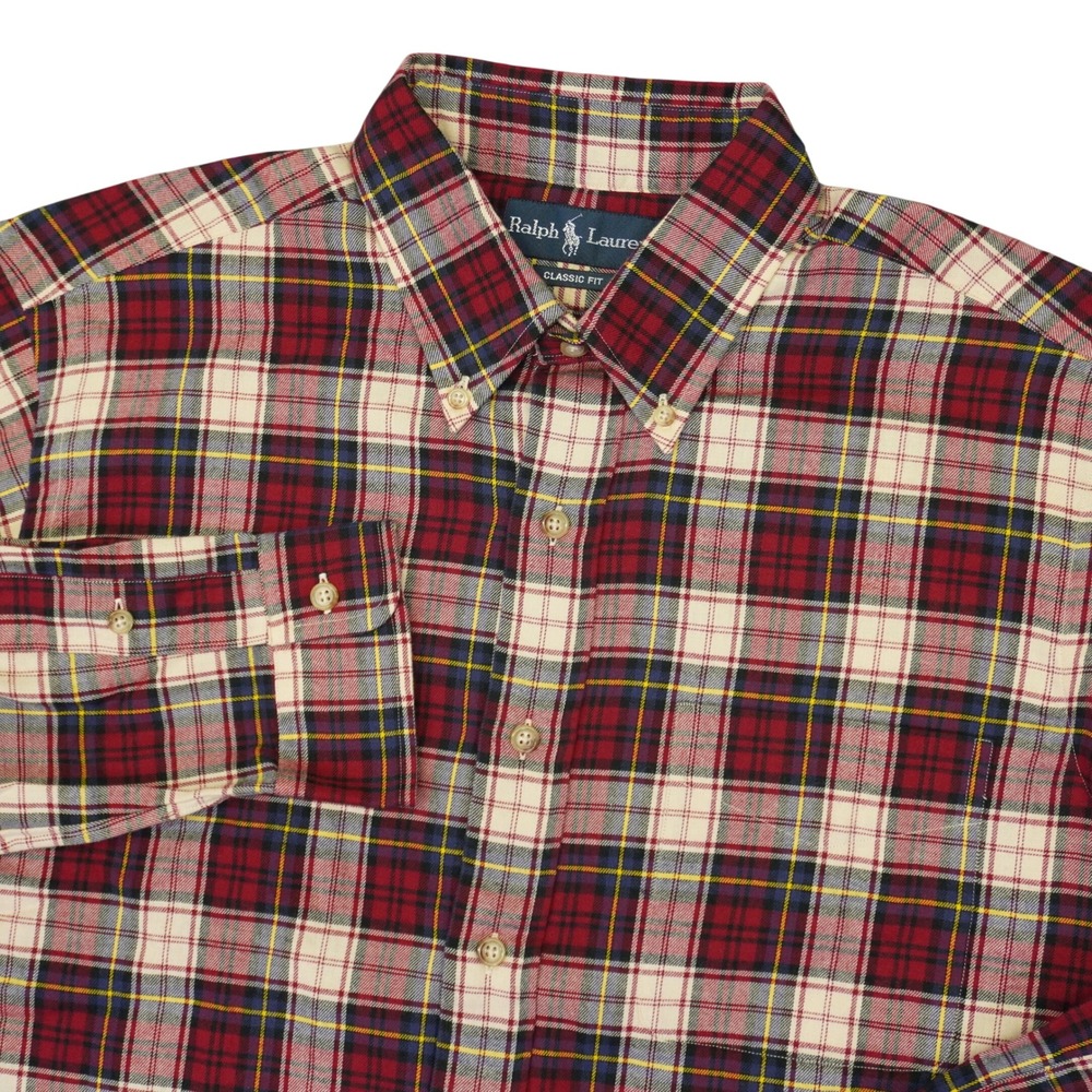 Ralph Lauren Button Down Shirt Mens L Red Plaid Pocket Classic Fit Long Sleeve